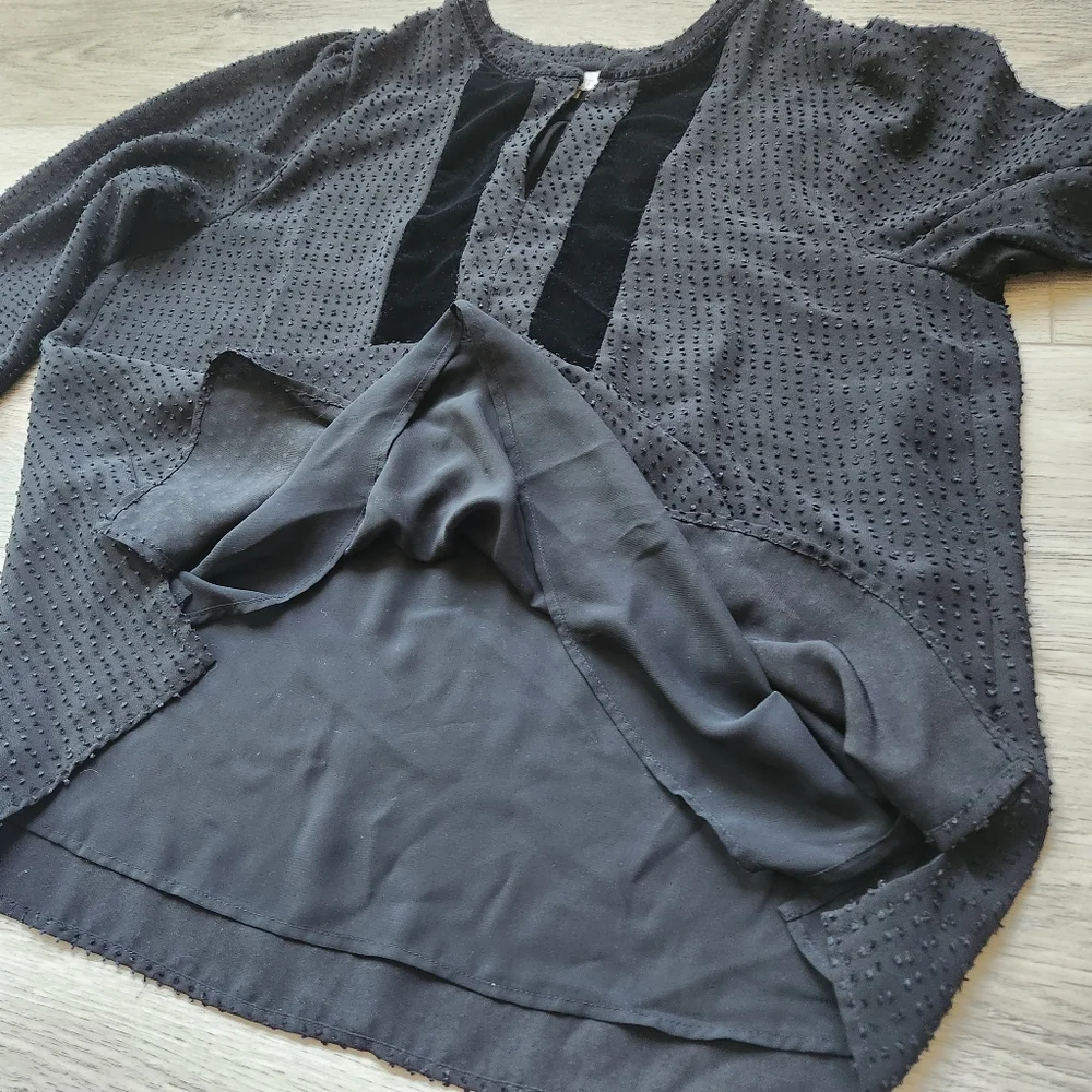 Loft Black Swiss Dot Shirt Womens Large Velvet Trim Long Sleeve Top - Picture 2 of 10